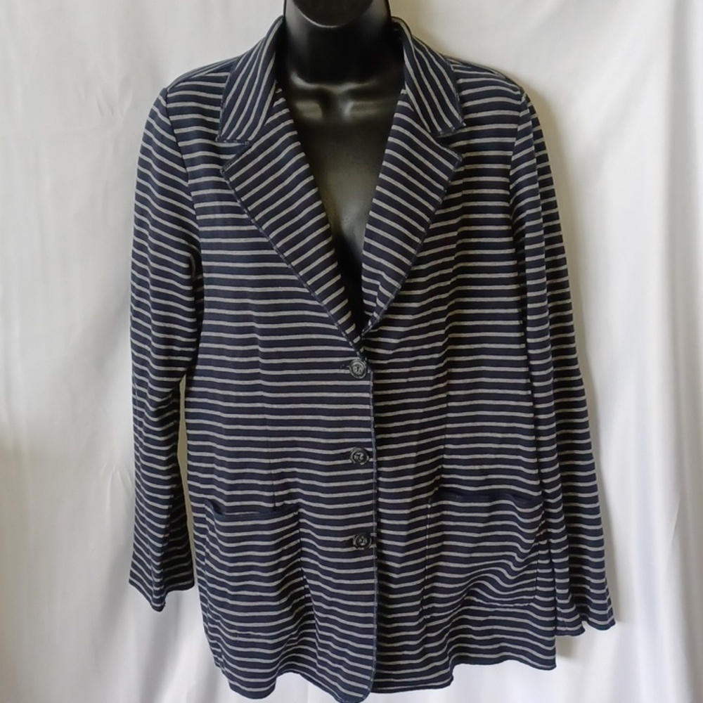 J. Jill Navy Blue Gray Striped Cotton Blend Collared Blazer Size M